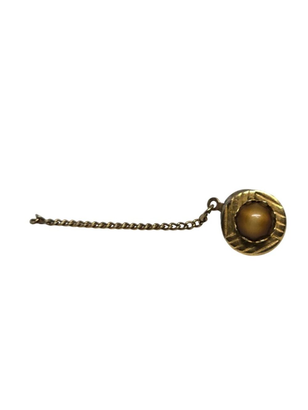 Vintage Gold Tone Tie Tack Tie Pin Brown Cat Eye Cabochon Safety Chain Jewelry